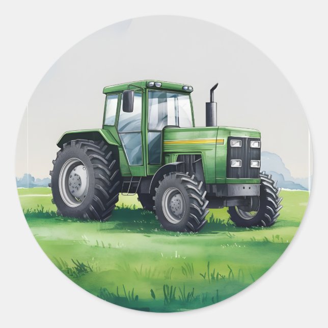 Sticker Rond Aquarelle de ferme de tracteurs verts (Devant)