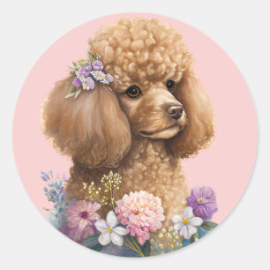 Sticker Rond Aquarelle de fille rose florale de chien de canich