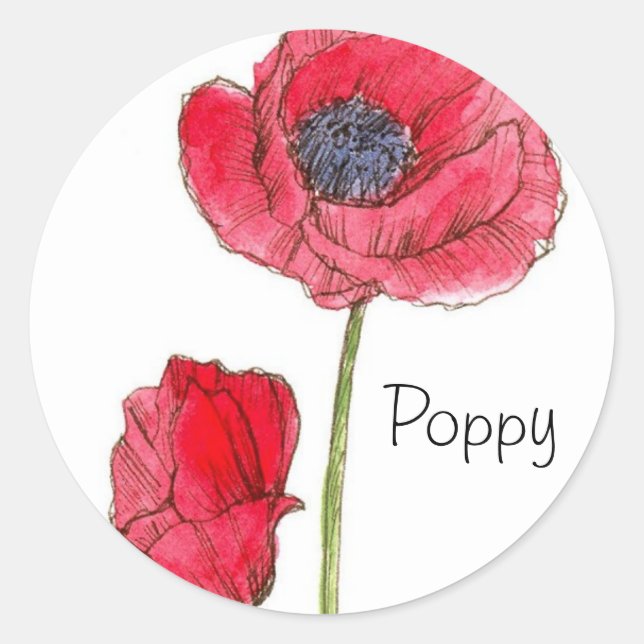 Sticker Rond Aquarelle de fleurs rouges de pavot Art botanique (Devant)