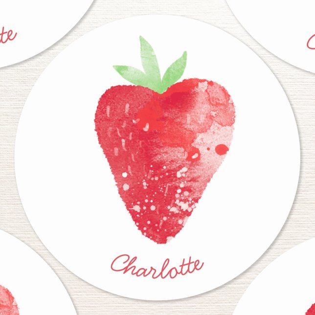 Sticker Rond Aquarelle de fraise personnalisée (Sweet watercolor strawberry fruit painting with modern script personalized name on a round sticker)