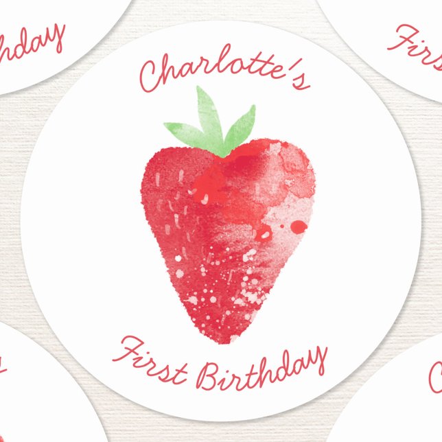Sticker Rond Aquarelle de fraise Personnalisée Premier annivers (Sweet strawberry watercolor personalized first birthday party sticker)