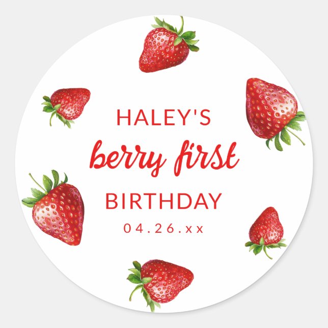 Sticker Rond Aquarelle de fraise rouge Berry 1er bébé Anniversa (Devant)