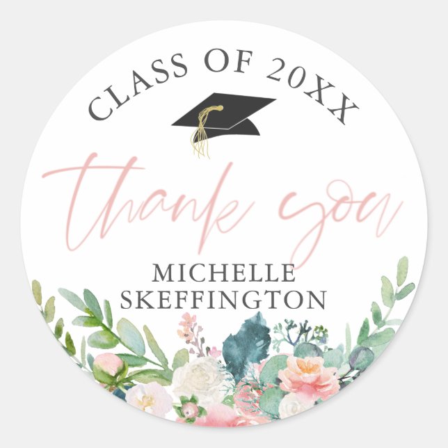 Sticker Rond Aquarelle de graduation Merci floral rose pâle (Devant)
