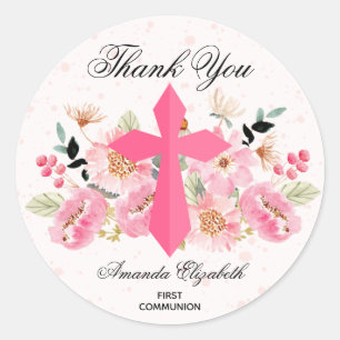 Sticker Rond Aquarelle de la communion de fille Merci floral ro