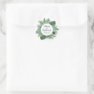 Sticker Rond Aquarelle de la jungle feuilles tropicaux verts
