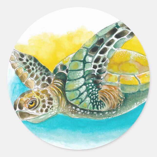 Sticker Rond Aquarelle de la tortue de mer vert (Devant)