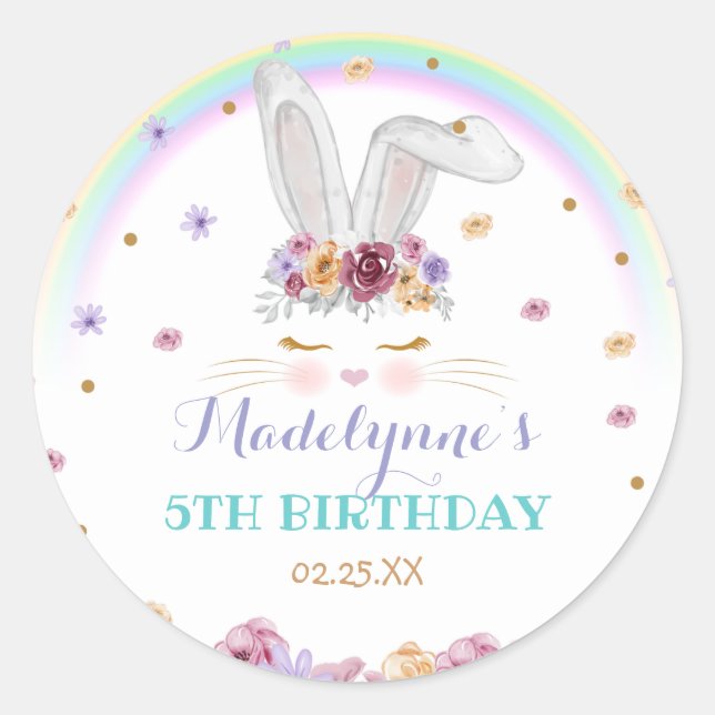 Sticker Rond Aquarelle de lapin arc-en-ciel Floral Lapin Annive (Devant)