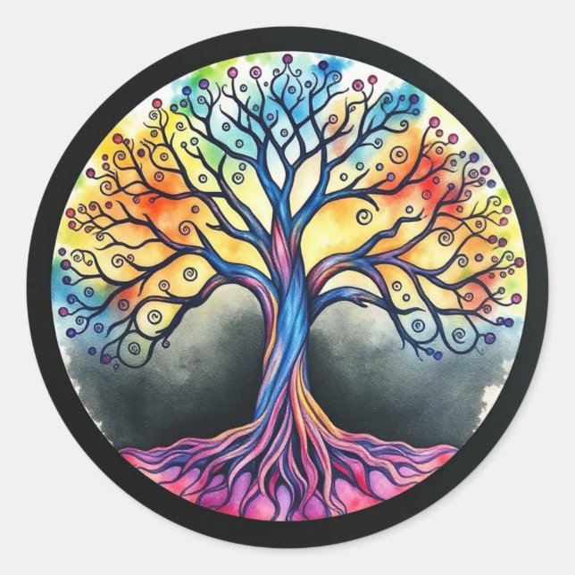 Sticker Rond Aquarelle de l'arbre de vie (Devant)