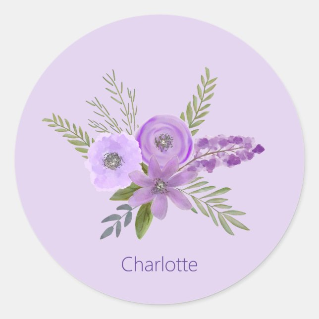 Sticker Rond Aquarelle de lavande violette florale personnalisé (Devant)