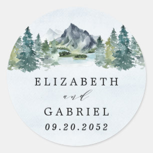 Sticker Rond Aquarelle de montagne Élégant Rustique Mariage à t