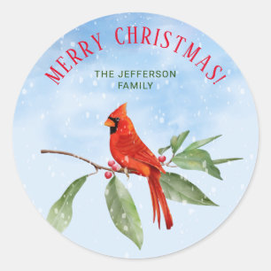 Sticker Rond Aquarelle de Noël Bleu Vert Rouge Cardinal Oiseau