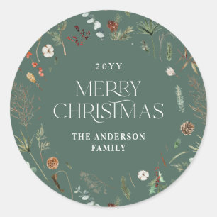 Sticker Rond Aquarelle de Noël botanique sauge floral vert