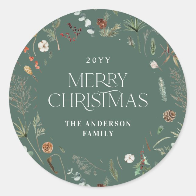 Sticker Rond Aquarelle de Noël botanique sauge floral vert (Devant)
