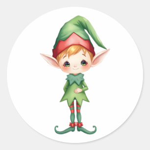 Sticker Rond Aquarelle de Noël doux petit Whimsical Elf de Noël