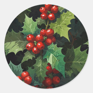 Sticker Rond aquarelle de Noël feuilles de houx baies botanique
