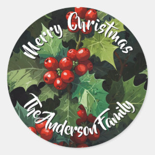 Sticker Rond aquarelle de Noël feuilles de houx botanique