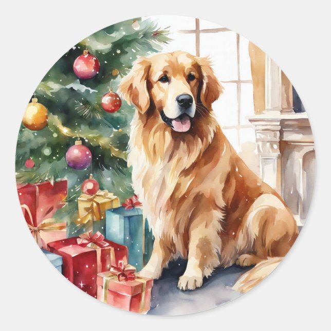 Sticker Rond Aquarelle de Noël Golden Retriever (Devant)