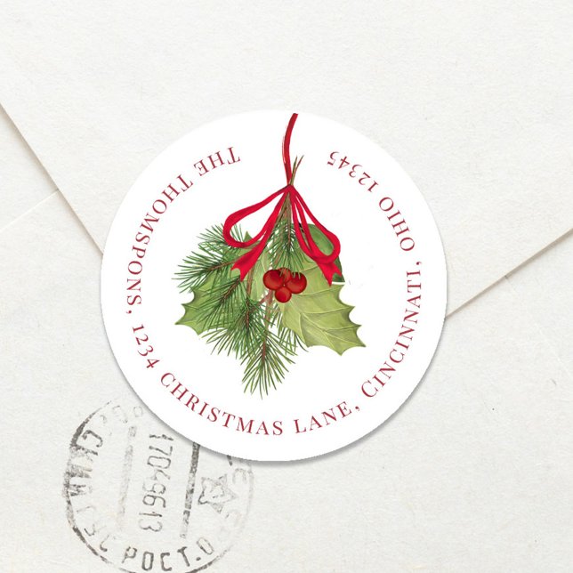 Sticker Rond Aquarelle de Noël Holly Berries Adresse de retour (Christmas holiday red holly berries greenery return address label. )