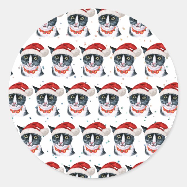 Sticker Rond Aquarelle de Noël Noir et Blanc Chat (Devant)
