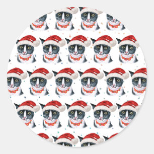 Sticker Rond Aquarelle de Noël Noir et Blanc Chat