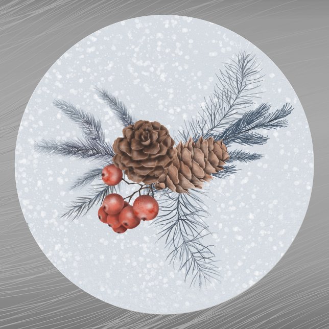 Sticker Rond Aquarelle de Noël Red Berries Pine Cones (Créateur téléchargé)
