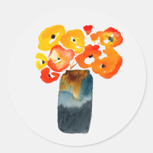 Sticker Rond Aquarelle de pavot orange et rouge