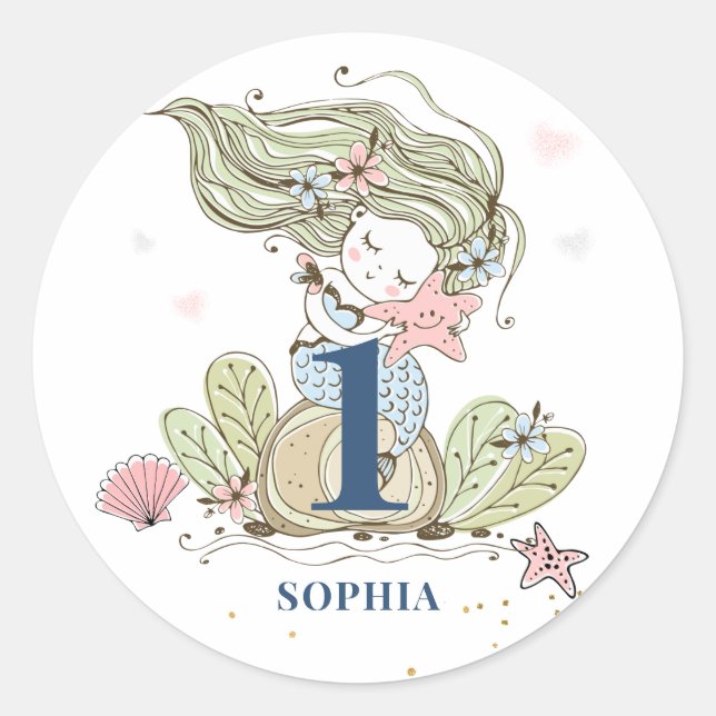 Sticker Rond Aquarelle de sirène 1er Anniversaire Classic Stic  (Devant)
