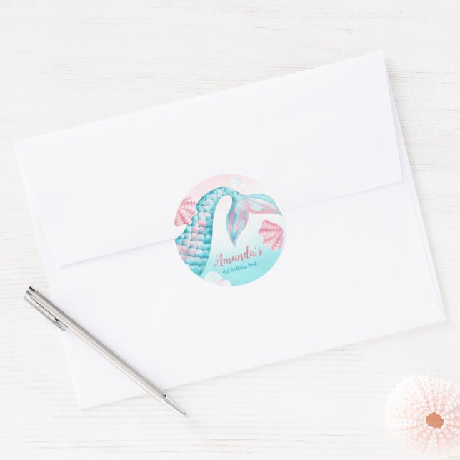 Sticker Rond Aquarelle de sirène Invitation d'anniversaire (Enveloppe)