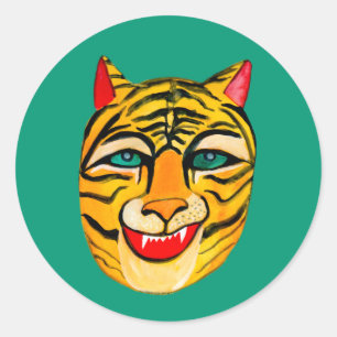 Sticker Rond Aquarelle de tigre riant main peint couleur