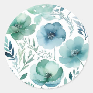 Sticker Rond Aquarelle délicate Fleurs dans les bleus doux
