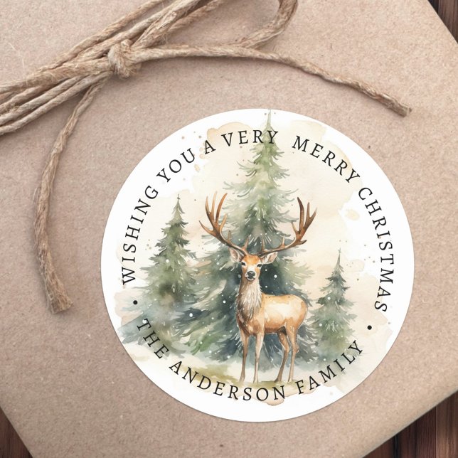 Sticker Rond Aquarelle des arbres de Noël (Stag and Christmas trees watercolor family name Classic Round Sticker)