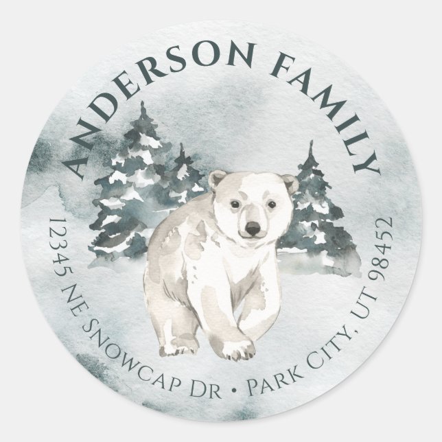 Sticker Rond Aquarelle d'hiver de l'ours polaire Petits Étiquet (Devant)