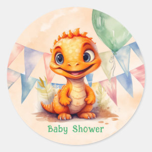 Sticker Rond Aquarelle Dinosaur orange Drapeaux Baby shower gar