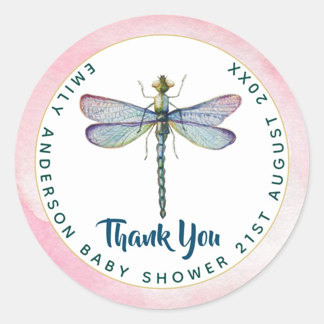 Sticker Rond Aquarelle DRAGONFLY Merci Baby shower rose Blu (Devant)
