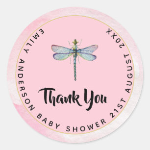 Sticker Rond Aquarelle DRAGONFLY Merci Baby shower rose Blu