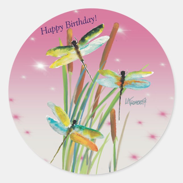 Sticker Rond Aquarelle Dragonfly Rose Stationpersonnalisée (Devant)