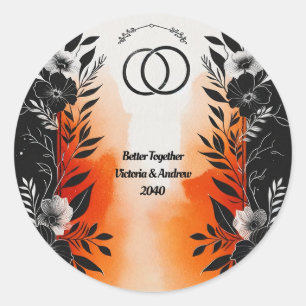 Sticker Rond Aquarelle dramatique Mariage Floral Orange Noir