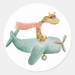 Sticker Rond Aquarelle drôle girafe et avion. Enfants animaux