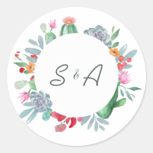 Sticker Rond Aquarelle du désert Cactus Floral Mariage Monogram
