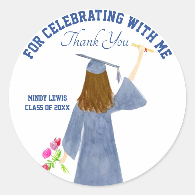 Sticker Rond Aquarelle Du Diplômé Avec Diplôme Merci (Devant)