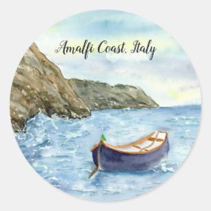 Sticker Rond Aquarelle d'un bateau de rangée sur la côte d'Amal