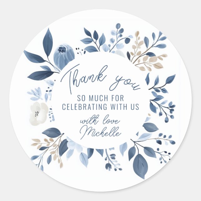 Sticker Rond Aquarelle Dusty Blue Floral Boho Fête des mariées (Devant)