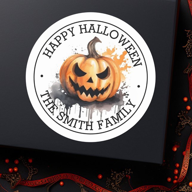 Sticker Rond Aquarelle éffrayante Jack-o-Lantern Happy Hallowee (Spooky watercolor Jack-o-Lantern Happy Halloween Classic Round Sticker)
