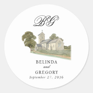 Sticker Rond Aquarelle Eglise traditionnelle Monogramme Mariage