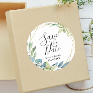 Sticker Rond Aquarelle Élégante Mariage Vert Fiançailles Date d