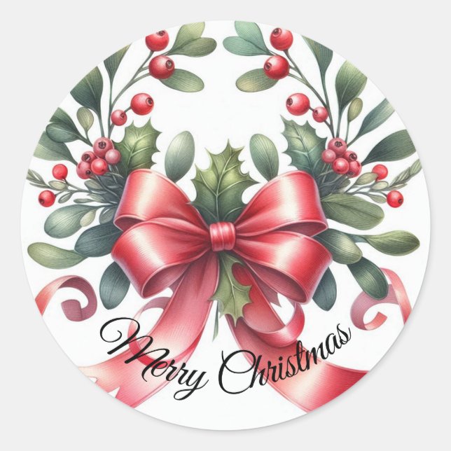 Sticker Rond Aquarelle élégante mistletoe Joyeux Noël (Devant)