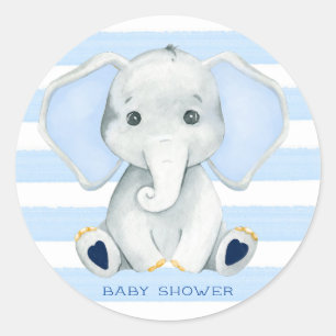 Sticker Rond Aquarelle Elephant Avec Baby shower Bleu Stripes