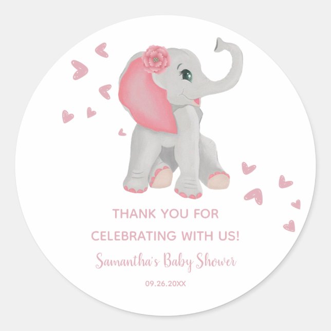Sticker Rond Aquarelle Elephant rose fille Baby shower Favorise (Devant)