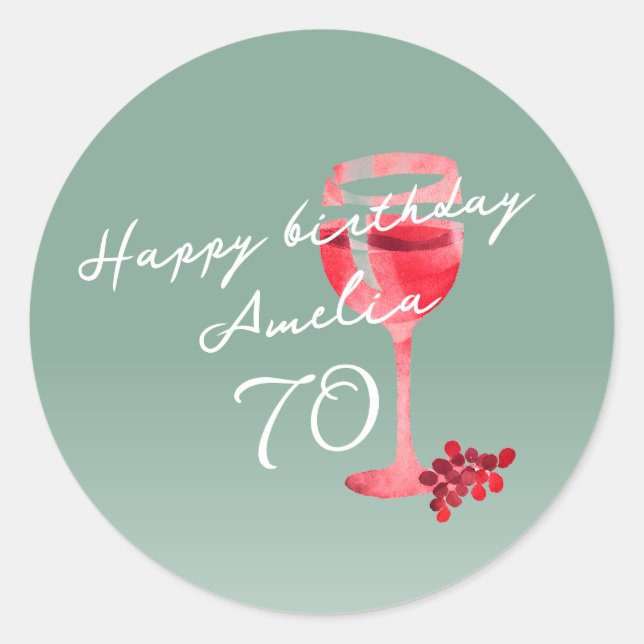 Sticker Rond Aquarelle en verre de vin rouge 70e anniversaire (Devant)