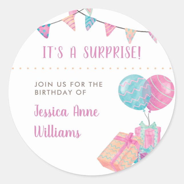 Sticker Rond Aquarelle et ballons | Parti surprise (Devant)